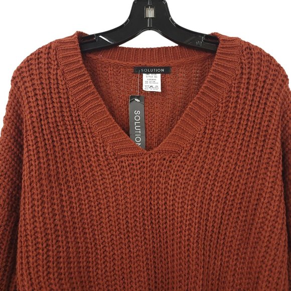 Solution Cable Knit V Neck Sweater One Size Long Sleeve Brown Faux Fur Trim - Picture 9 of 16